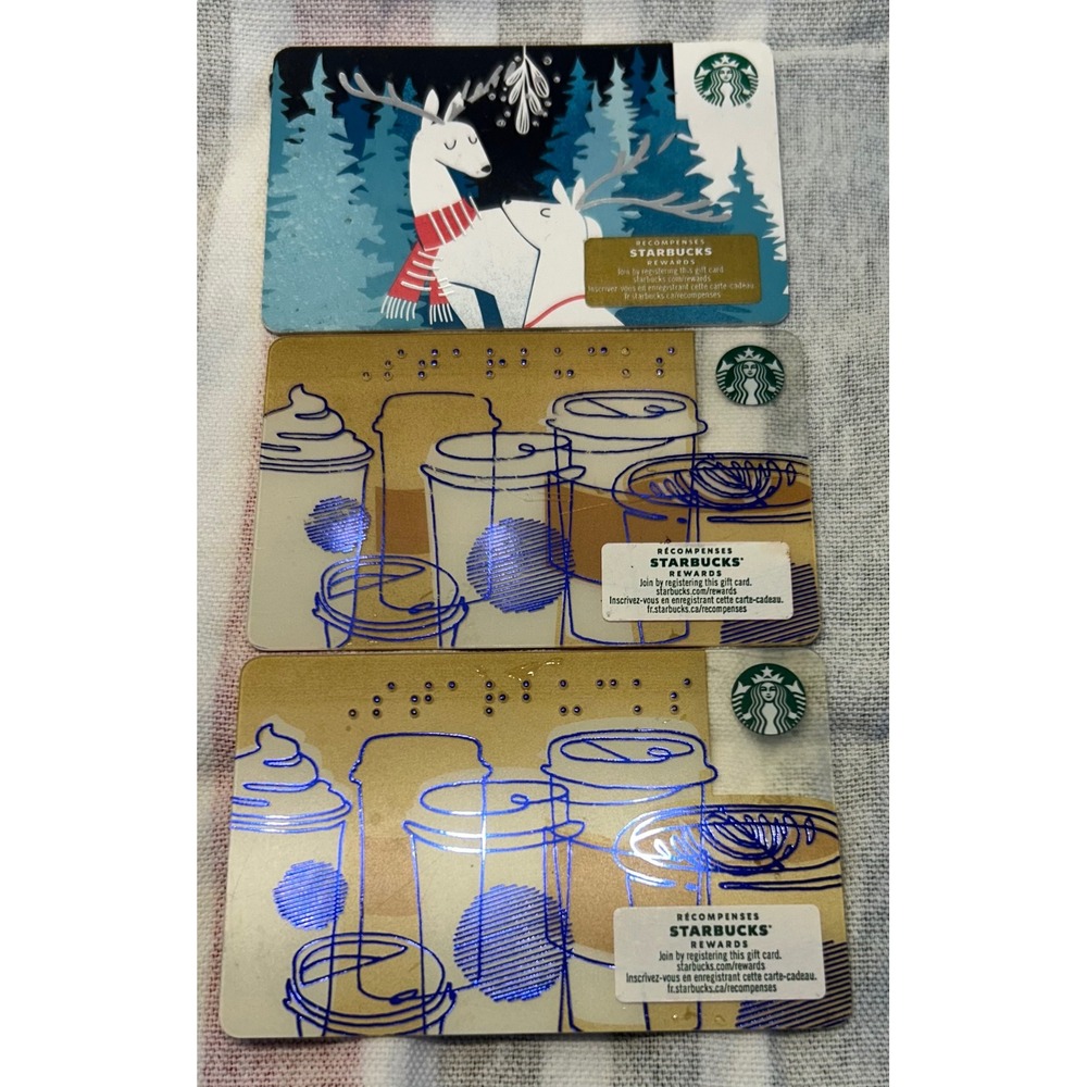 Starbucks‎ Gift Cards Holiday Deer & Braille Coffee Cup Rewards Card Set of 3